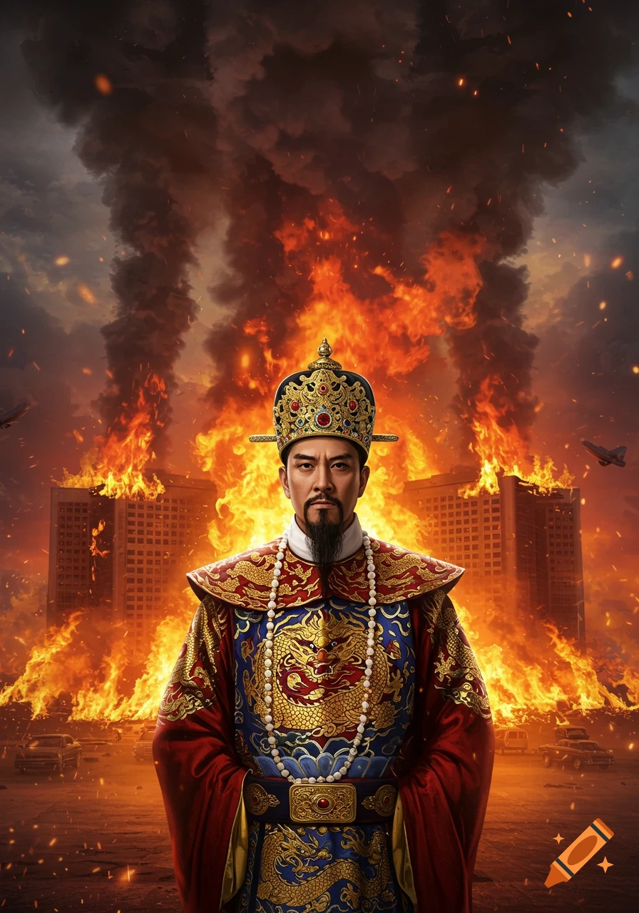 A Manchu Qing emperor in elaborate robes stands stoically before a photorealistic cityscape engulfed in roaring flames and black smoke.