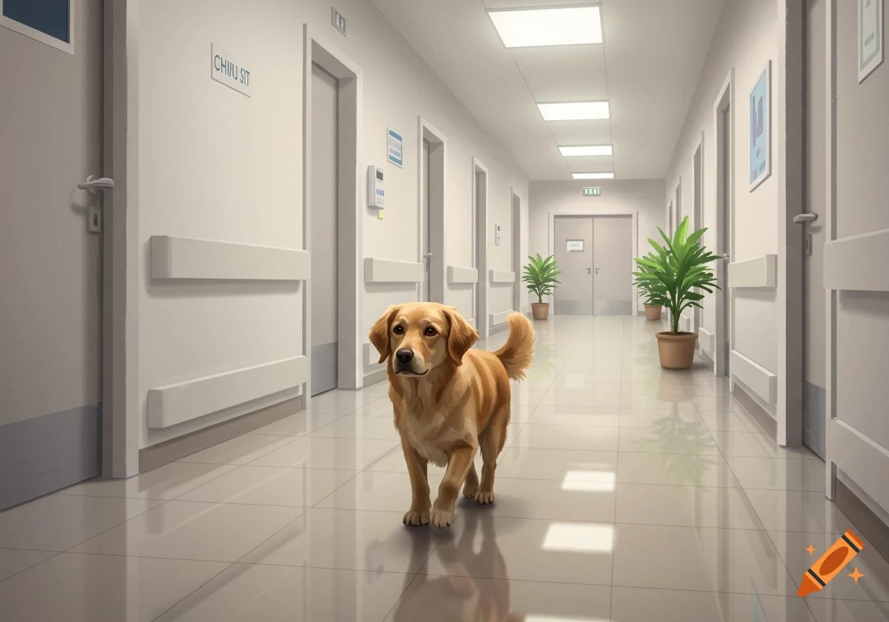 A golden retriever dog walks down a brightly lit, sterile hospital hallway.