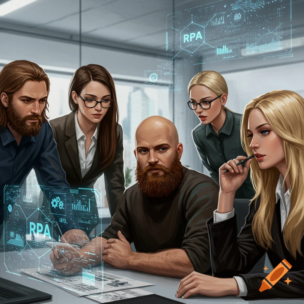 Five professionals in a digital art style analyze holographic RPA data in a modern office.