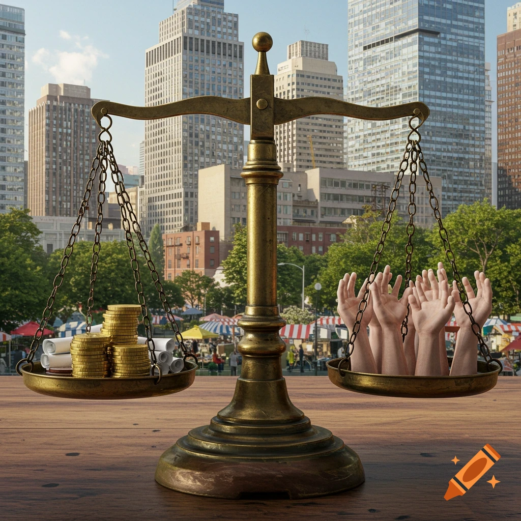 Photorealistic image of brass scales in a city, balancing gold coins and scrolls against multiple human hands reaching upwards.