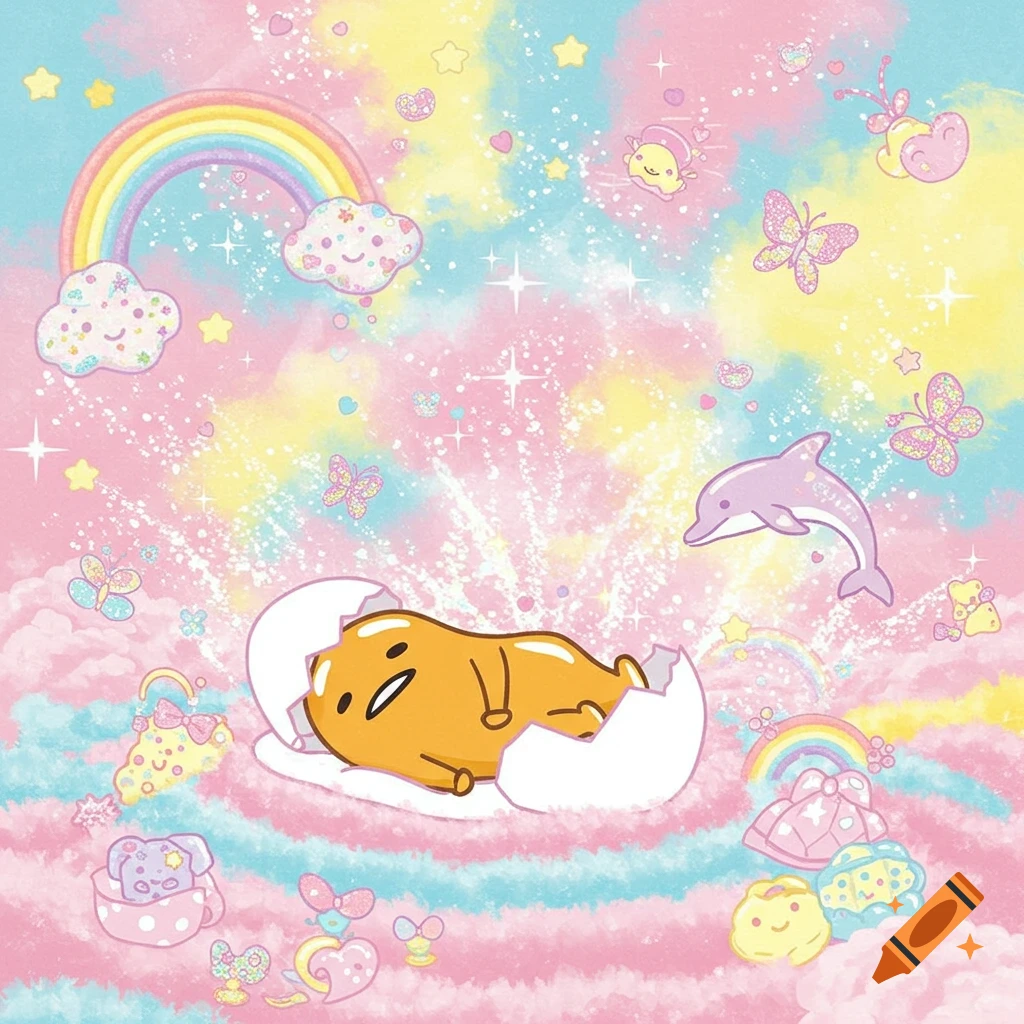 Gudetama resting in a cracked eggshell amidst a pastel Lisa Frank dreamscape with rainbows, clouds, and a dolphin.