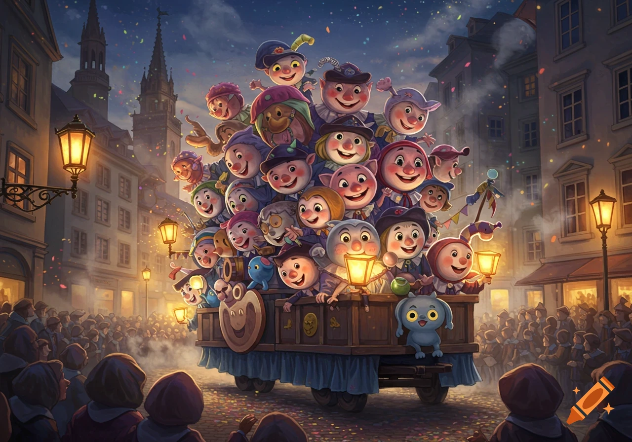 A festive illustration of a carnival float carrying many smiling, cartoonish characters through a confetti-filled city street at night.