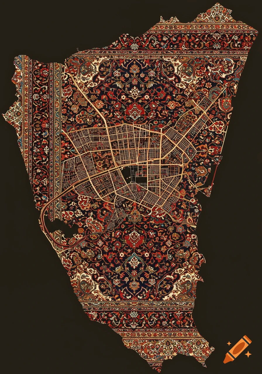 An intricate map of Tehran, rendered with a dark blue and red Persian rug pattern, on a dark background.