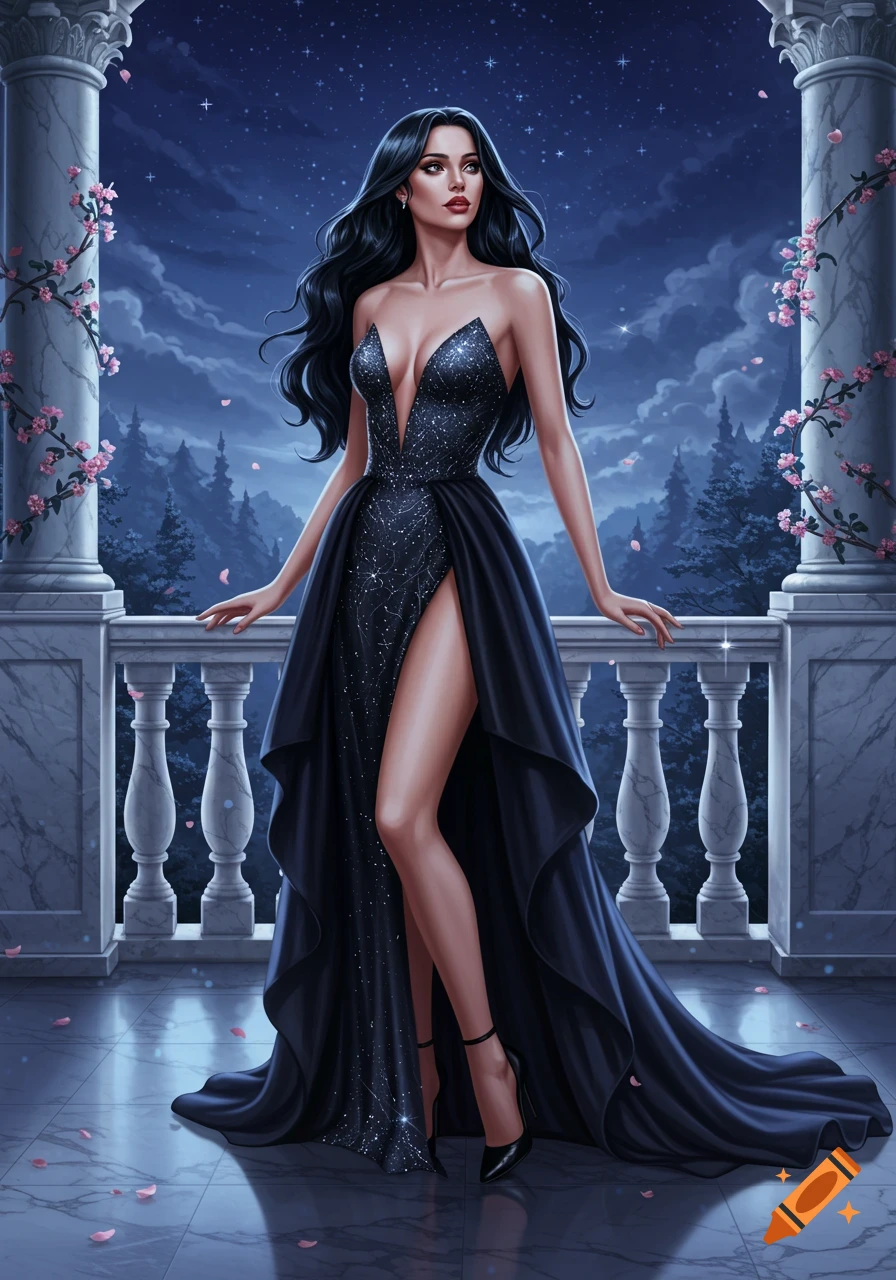 Illustrated woman with long black hair in a sparkling black gown on a marble balcony under a starry night sky.