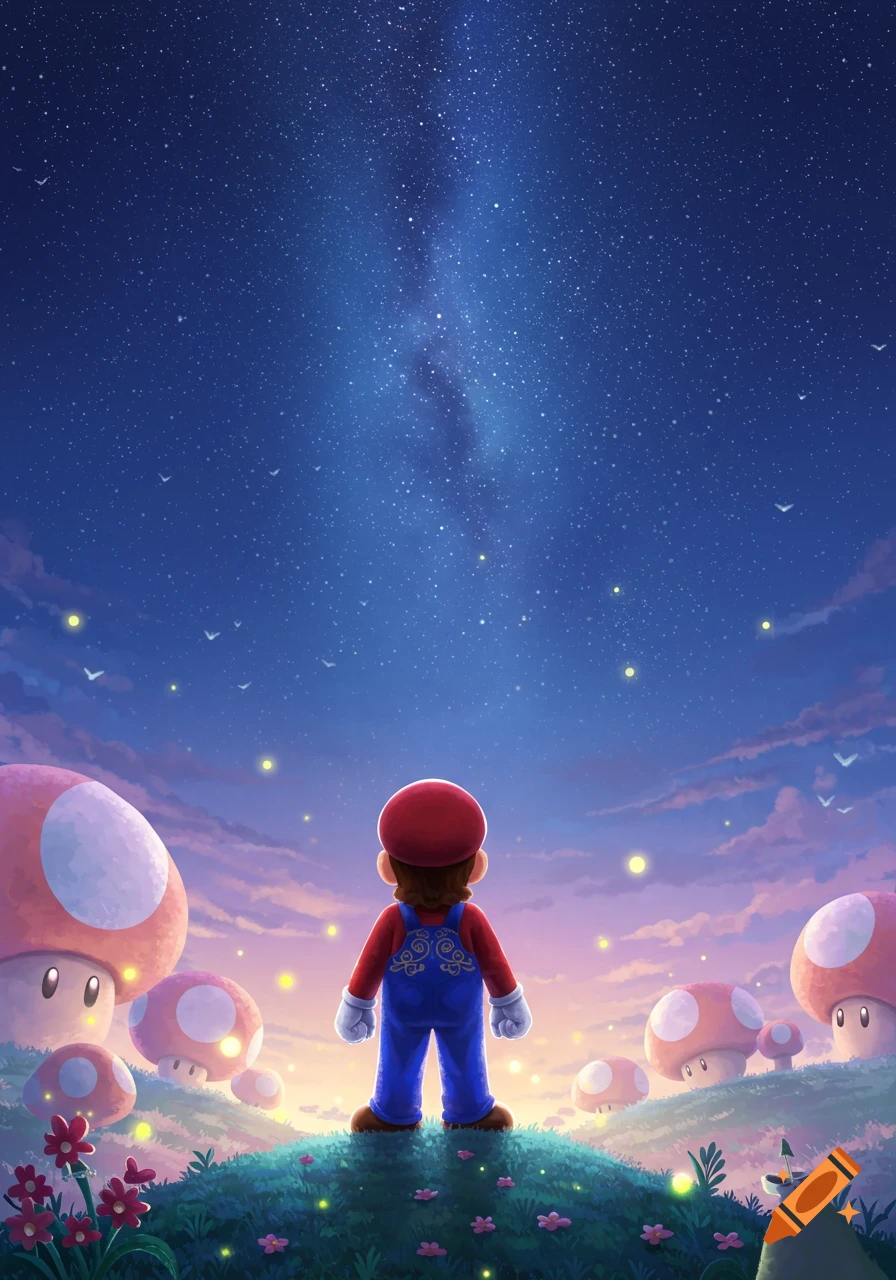 Mario stands on a hill looking up at a starry night sky with the Milky Way, surrounded by whimsical pink mushrooms.