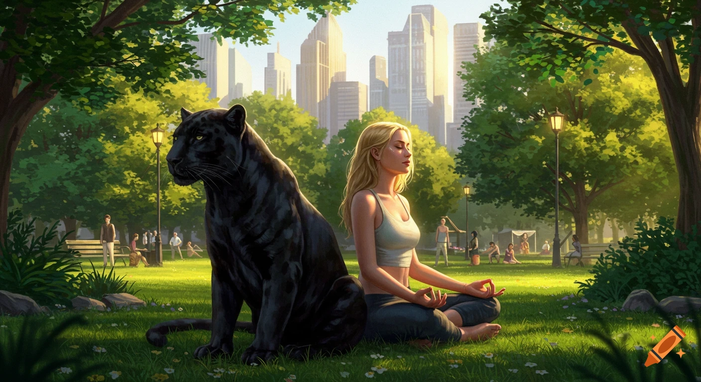 Blonde woman meditating next to a black panther in a sunlit urban park with city buildings in the background, illustrative.