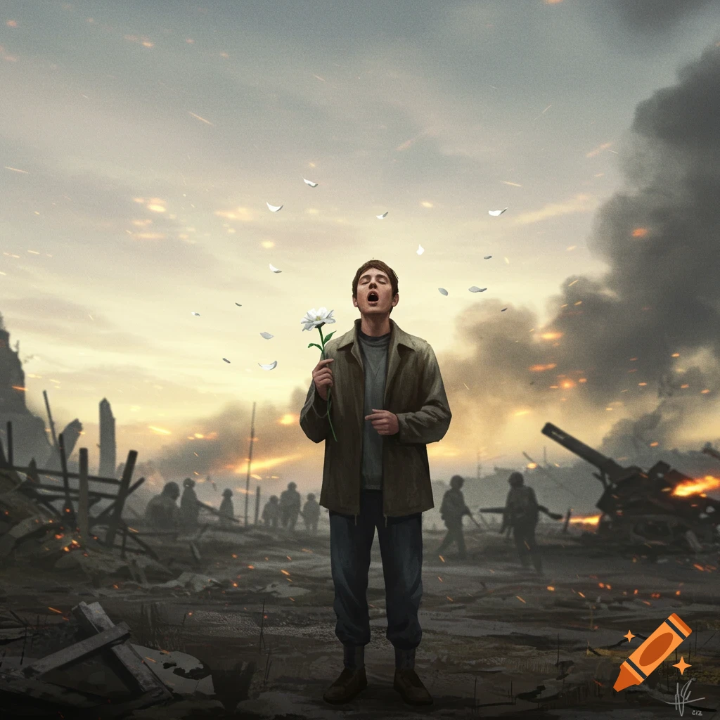 A man sings, holding a white flower in a war-torn landscape with explosions and distant soldiers, in digital art style.