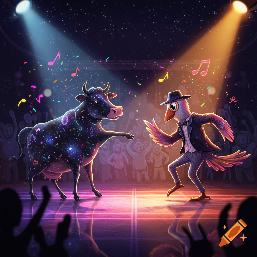 A cosmic cow and a bird in a suit dance on a colorful stage under spotlights, surrounded by musical notes and confetti.
