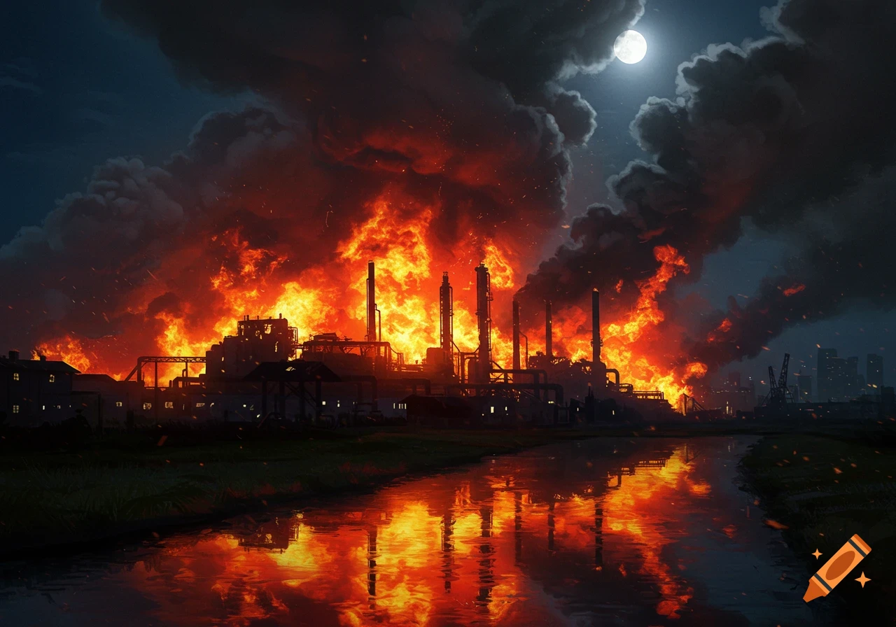 A massive factory fire engulfs an industrial complex at night, reflecting bright flames and dark smoke in a river.