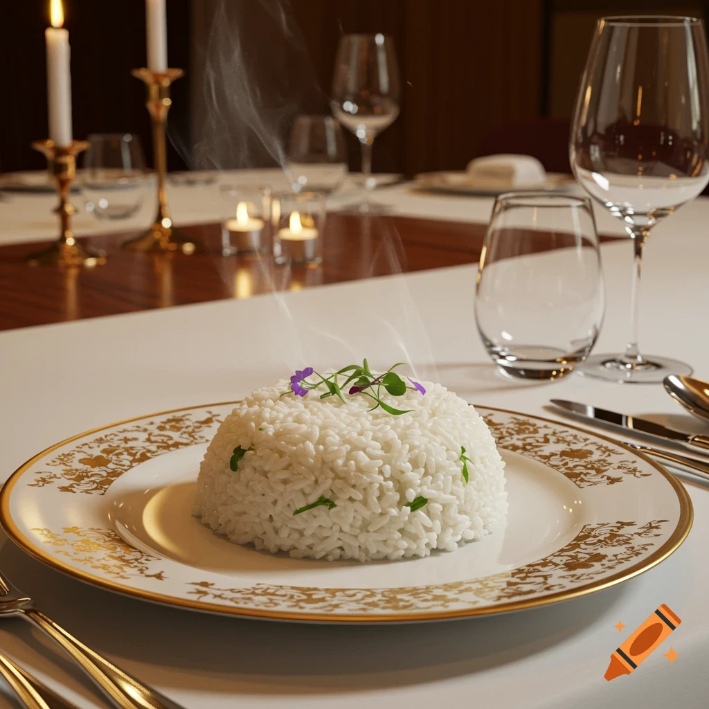 A steaming mound of white rice with green herbs and purple flowers on a gold-patterned plate at a fine dining table with candles and wine glasses.