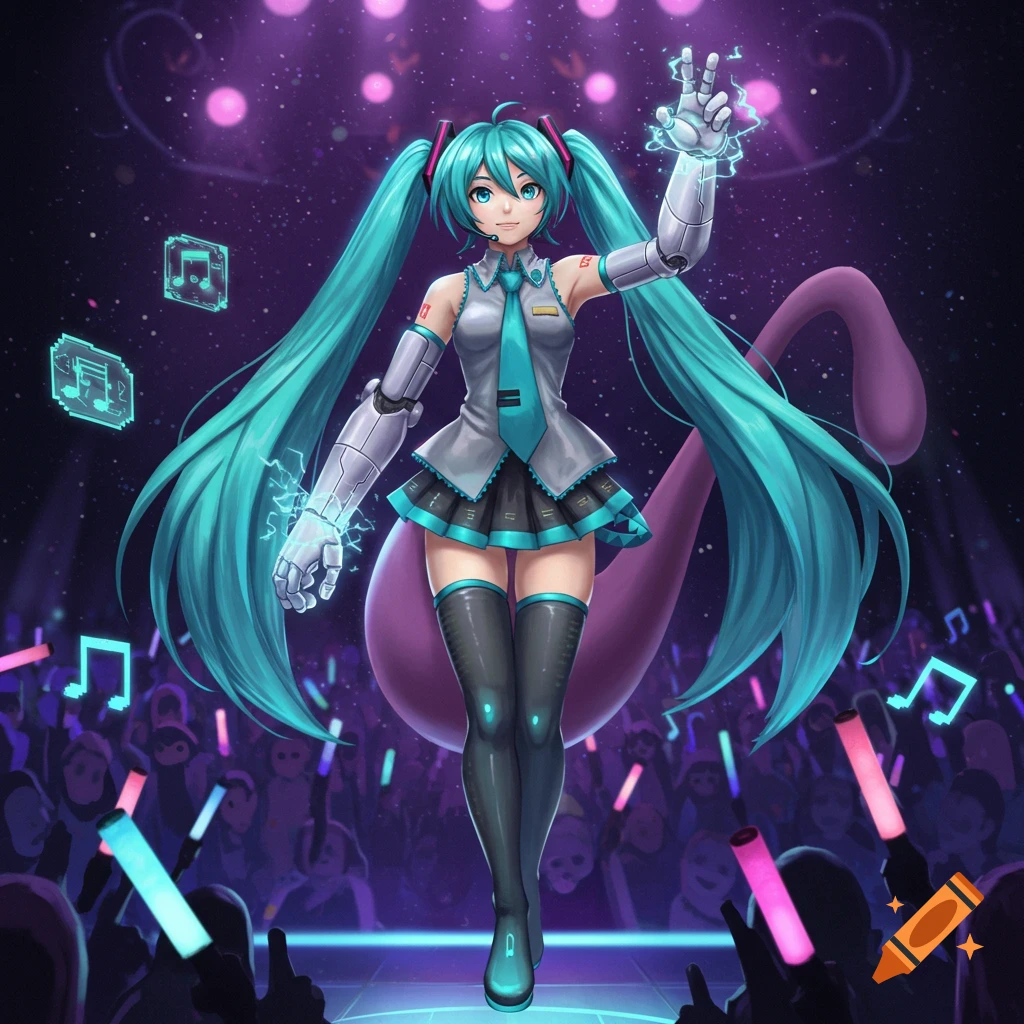 Anime-style Hatsune Miku with robotic arms and a purple Mewtwo-like tail performs on a dark stage for a crowd.