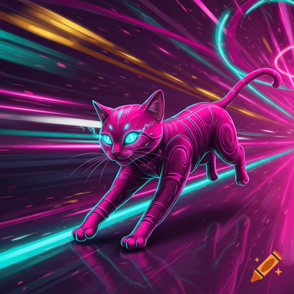 A neon pink cat with glowing blue eyes and cybernetic patterns races through a futuristic, dark background with vibrant light trails.