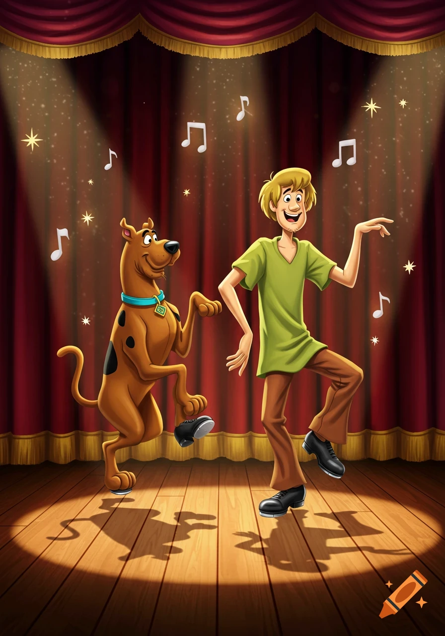 Cartoon Scooby Doo and Shaggy tap dancing on a wooden stage with red curtains, spotlights, musical notes, and stars.