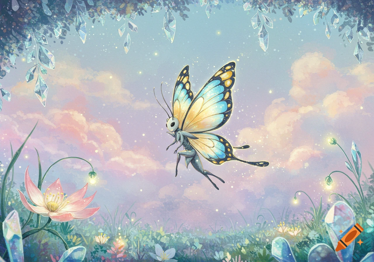 A whimsical butterfly-like creature with yellow and blue wings flying in a dreamy fantasy landscape with glowing flowers and crystals.