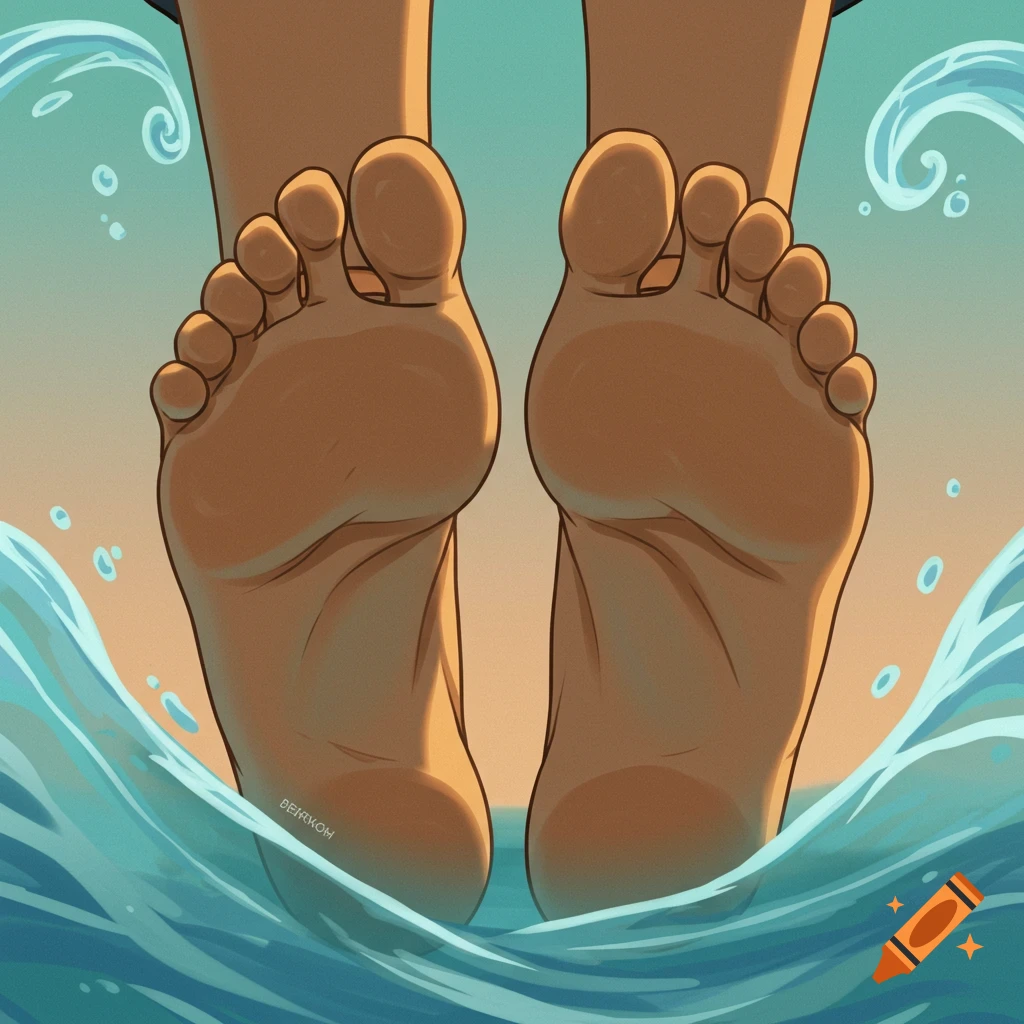 Close-up animated view of bare feet soles partially submerged in blue water.
