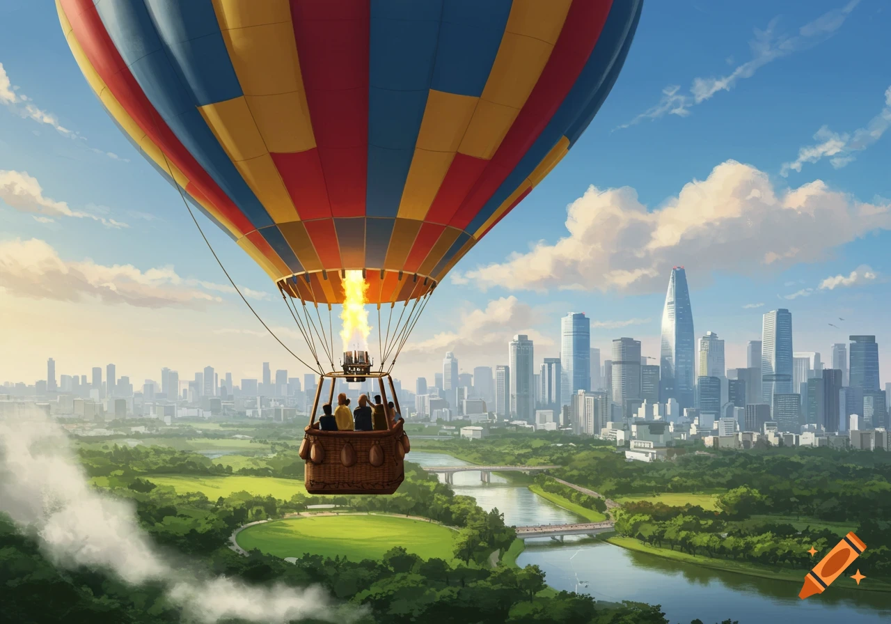 A colorful hot air balloon soars over a green park and river with a modern city skyline in the background under a blue sky.
