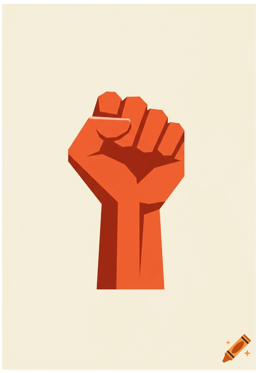 A stylized geometric illustration of a raised clenched red fist against an ivory background.