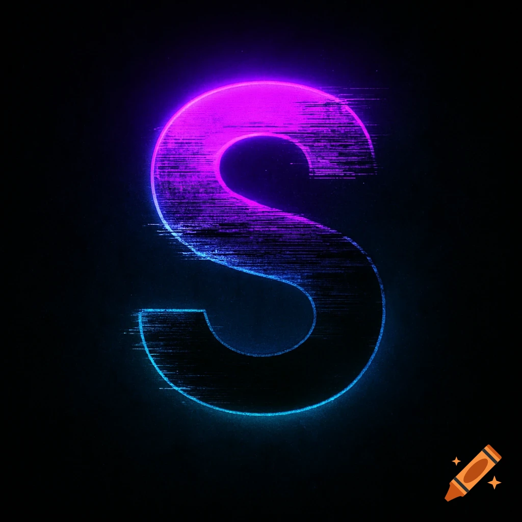 A bold letter S with purple and blue neon glowing glitch effects on a black background.