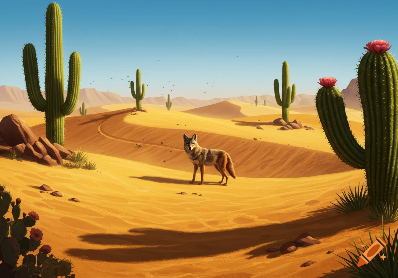 An illustration of a coyote standing in a vibrant, stylized desert landscape with large cacti under a clear blue sky.
