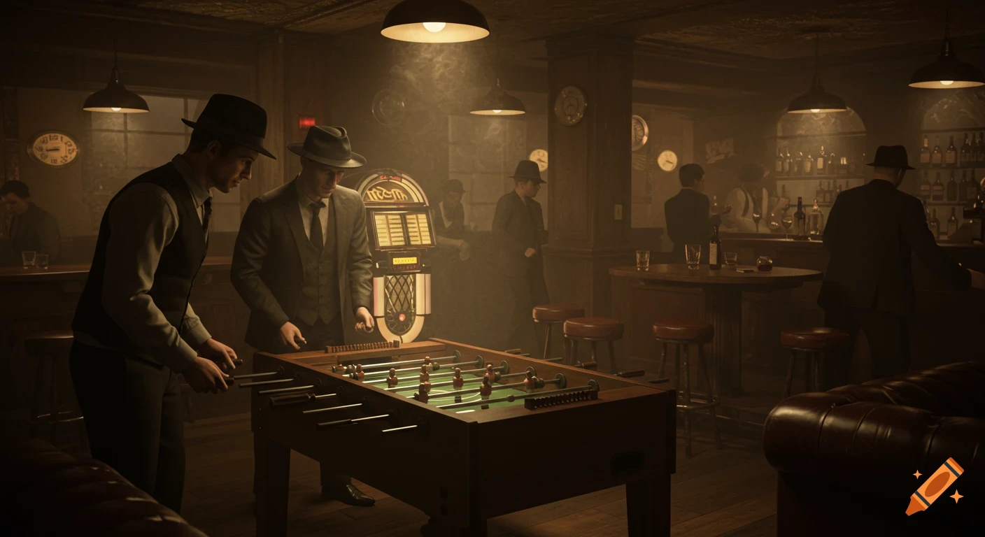 Two men in hats play foosball in a dimly lit, cinematic vintage bar with a jukebox and other patrons.