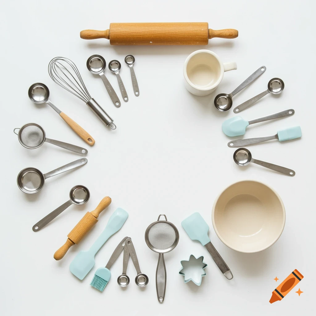 Baking utensils like rolling pins, whisks, measuring cups, spoons, sifters, spatulas, and cookie cutters arranged in a circle on white.