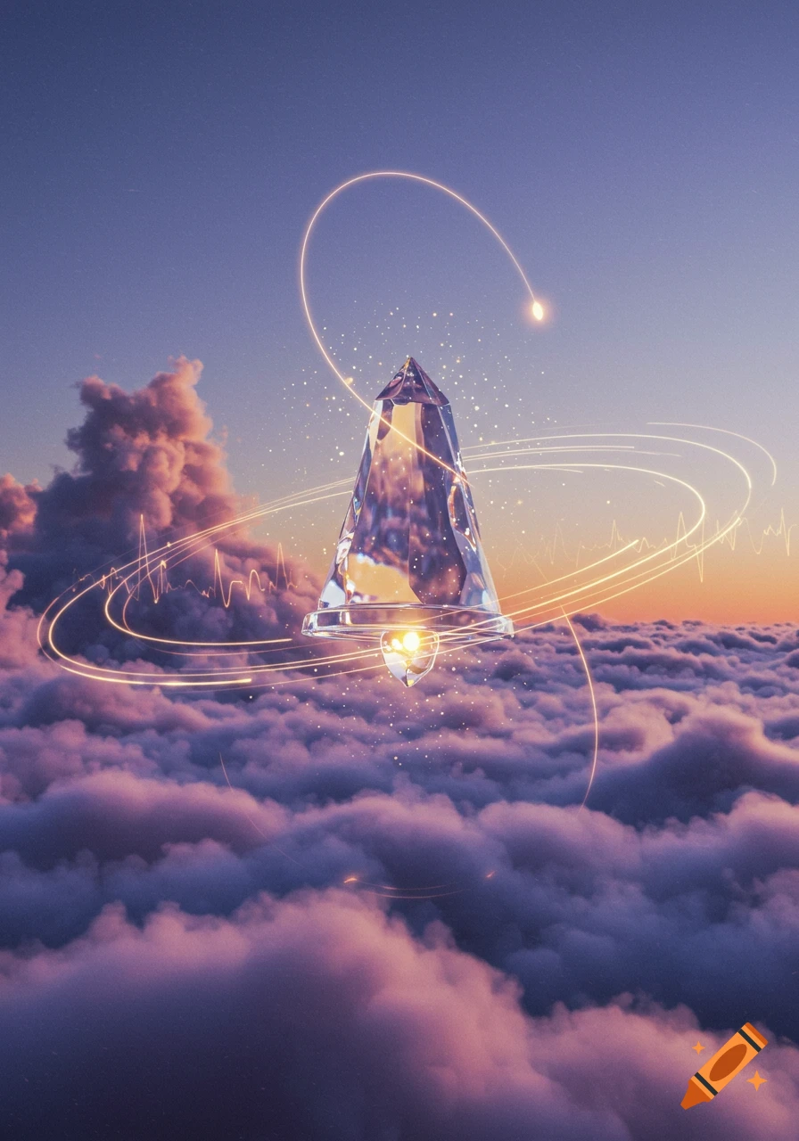 A clear, faceted crystal bell-like object floats above a sea of purple clouds with glowing light trails and an ECG-like line in a sunset sky.
