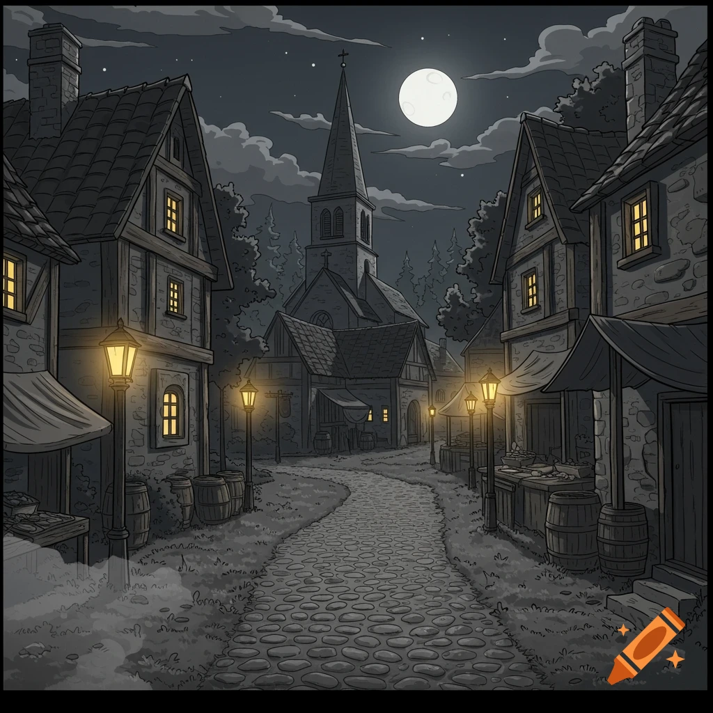 A comic illustration of an old village street at night, illuminated by streetlights and a full moon above a church spire.