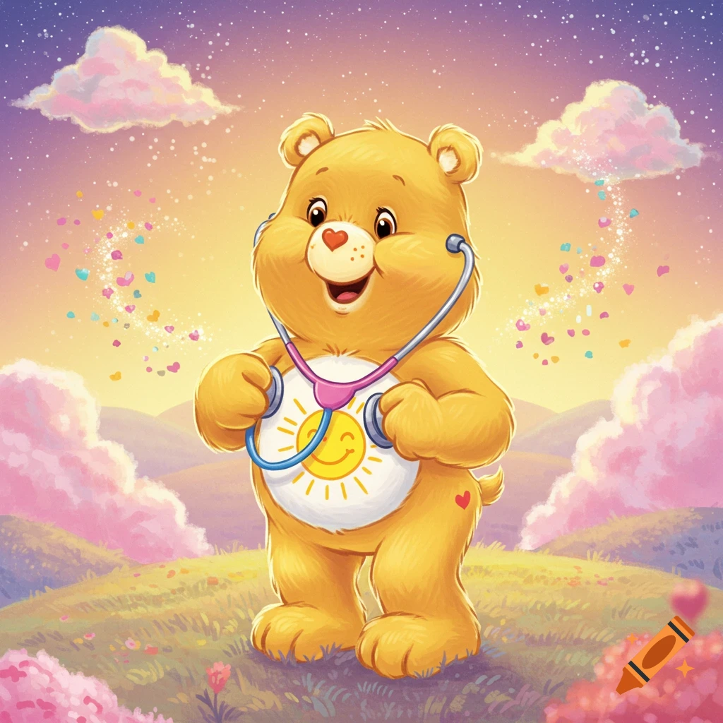 Happy Funshine Bear holds a pink stethoscope to its chest, which has a smiling sun. It stands in a vibrant, whimsical landscape with pink clouds and a starry sky.