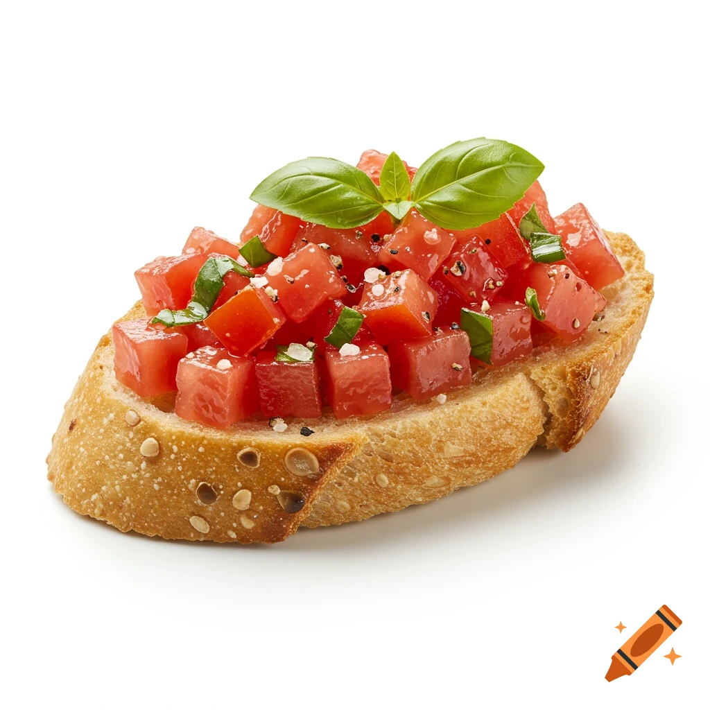 A single piece of bruschetta topped with diced red tomatoes, green basil leaves, and seasoning on toasted bread against a white background.