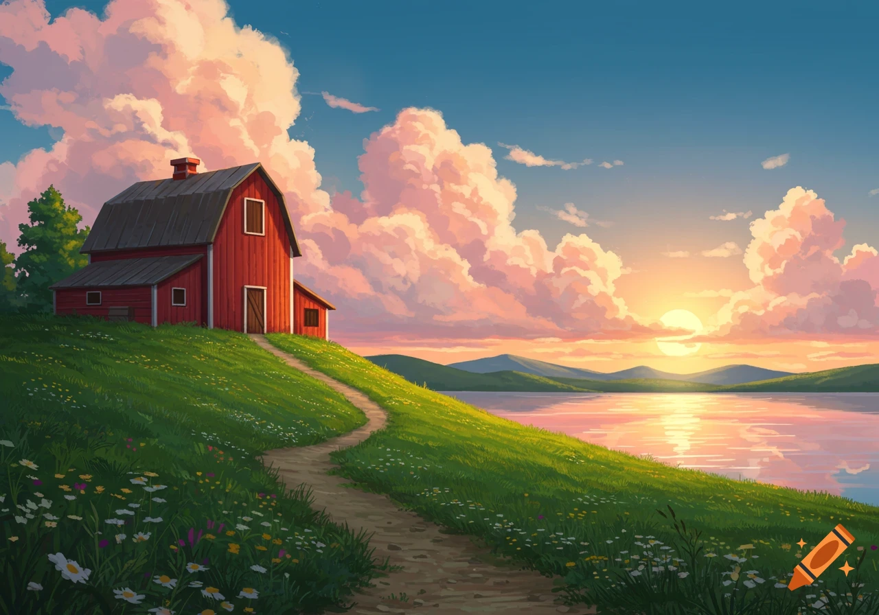 A red barn on a grassy hill overlooking a lake at sunset, with large pink clouds in an illustration style.