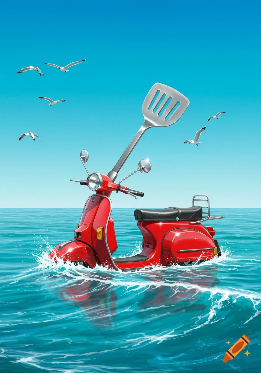 A bright red scooter with a large spatula attached, floating in a calm blue ocean under a clear sky with seagulls flying.