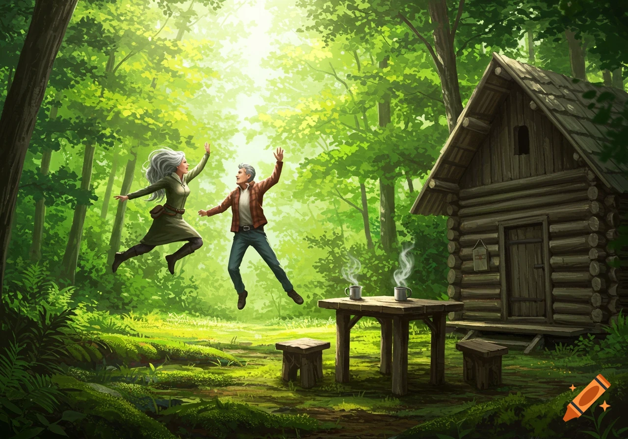 An illustrated scene of a woman and a man jumping joyfully in a bright, lush forest, with a log cabin and a table with coffee in the foreground.