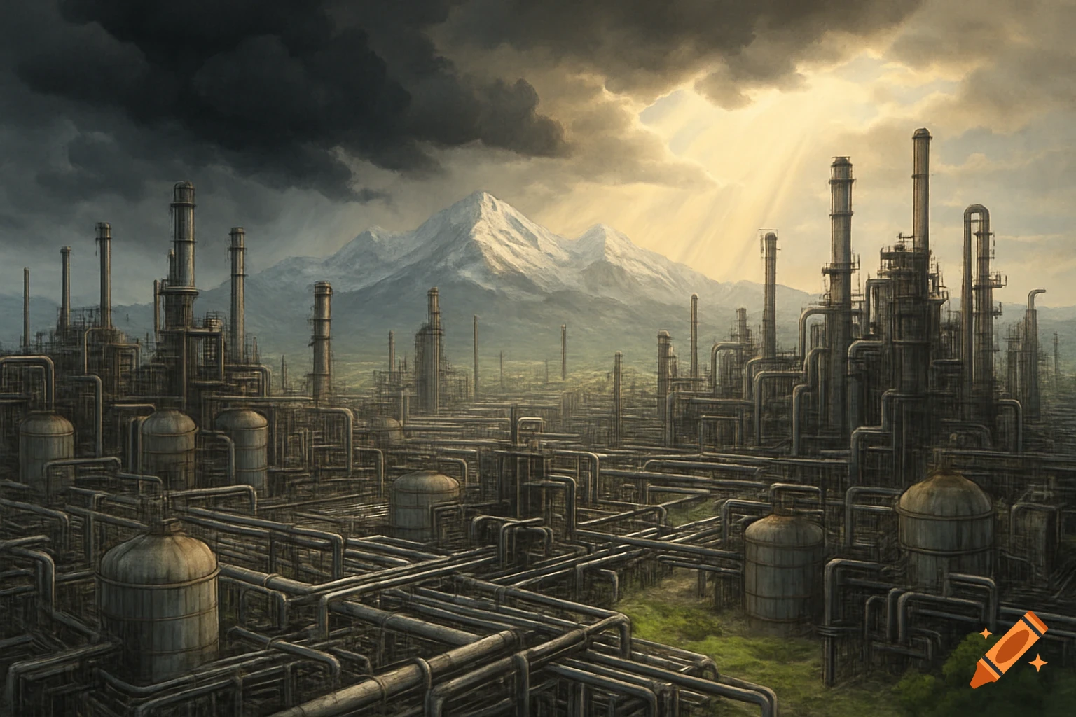 A vast chemical plant with intricate pipes and tanks, backed by snow-capped mountains and a dramatic sky with sun rays breaking through dark clouds.