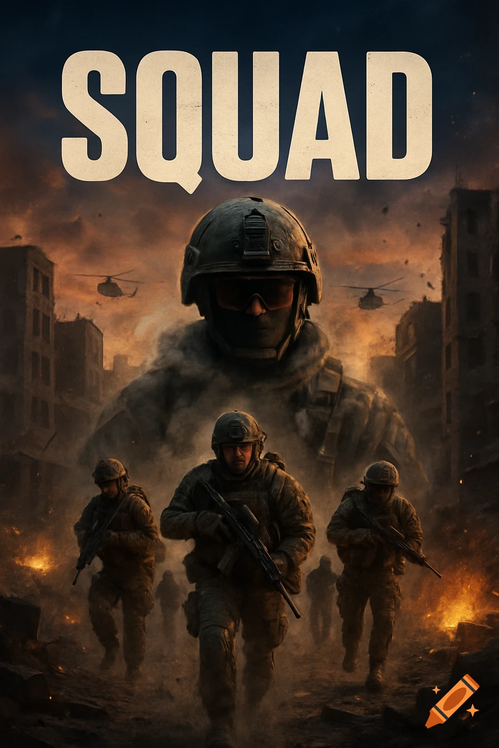 Cinematic poster for the game SQUAD, featuring soldiers in a smoky, war-torn city with helicopters and fires.