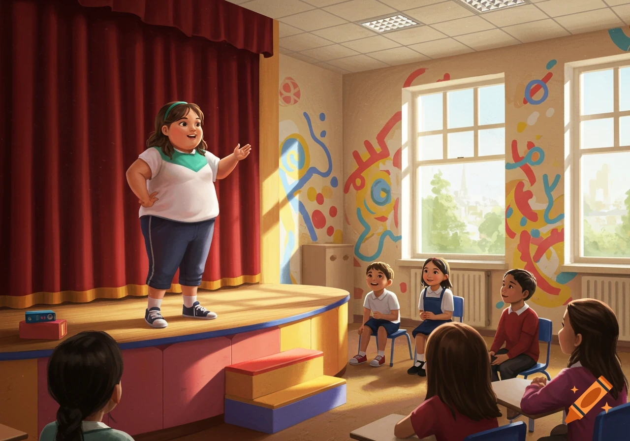 Illustrated scene of a child on stage speaking to other students in a brightly lit classroom.