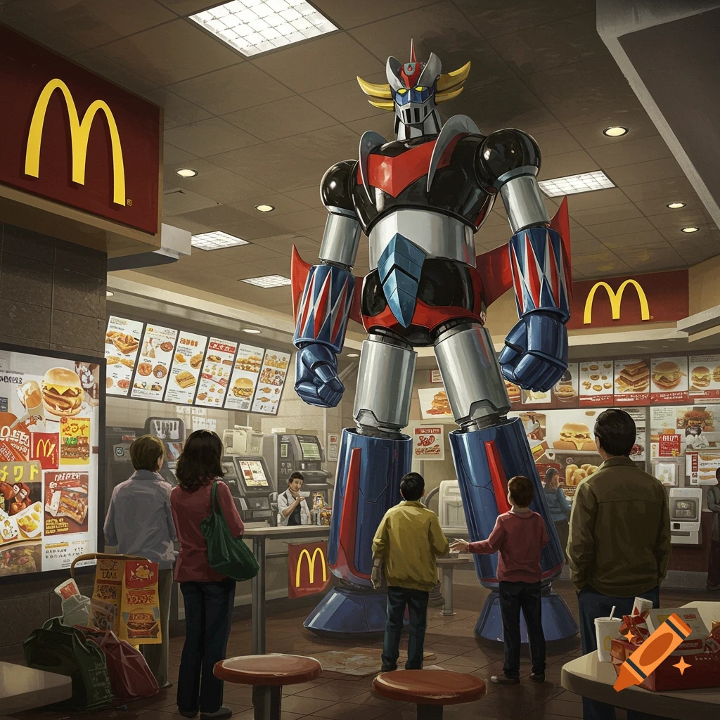 A giant Grendizer robot stands inside a McDonald's restaurant, with people looking up at it. Menu boards display fast food items.