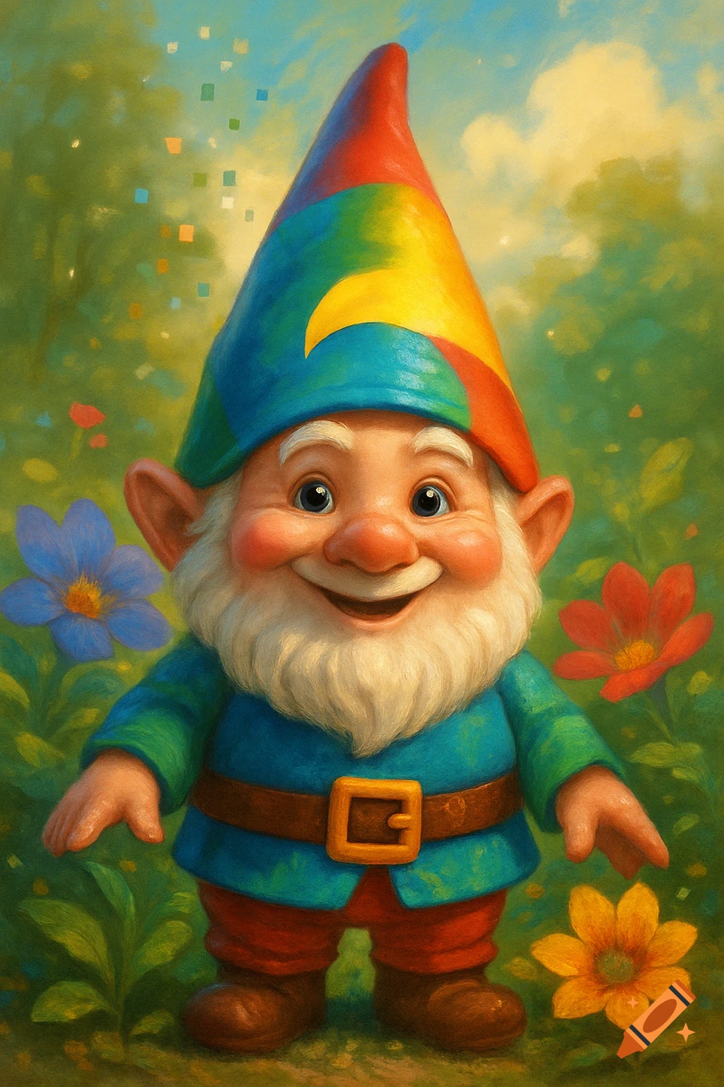 Cheerful gnome with a rainbow hat, white beard, blue shirt, and red pants smiles in a vibrant garden with colorful flowers, oil painting style.