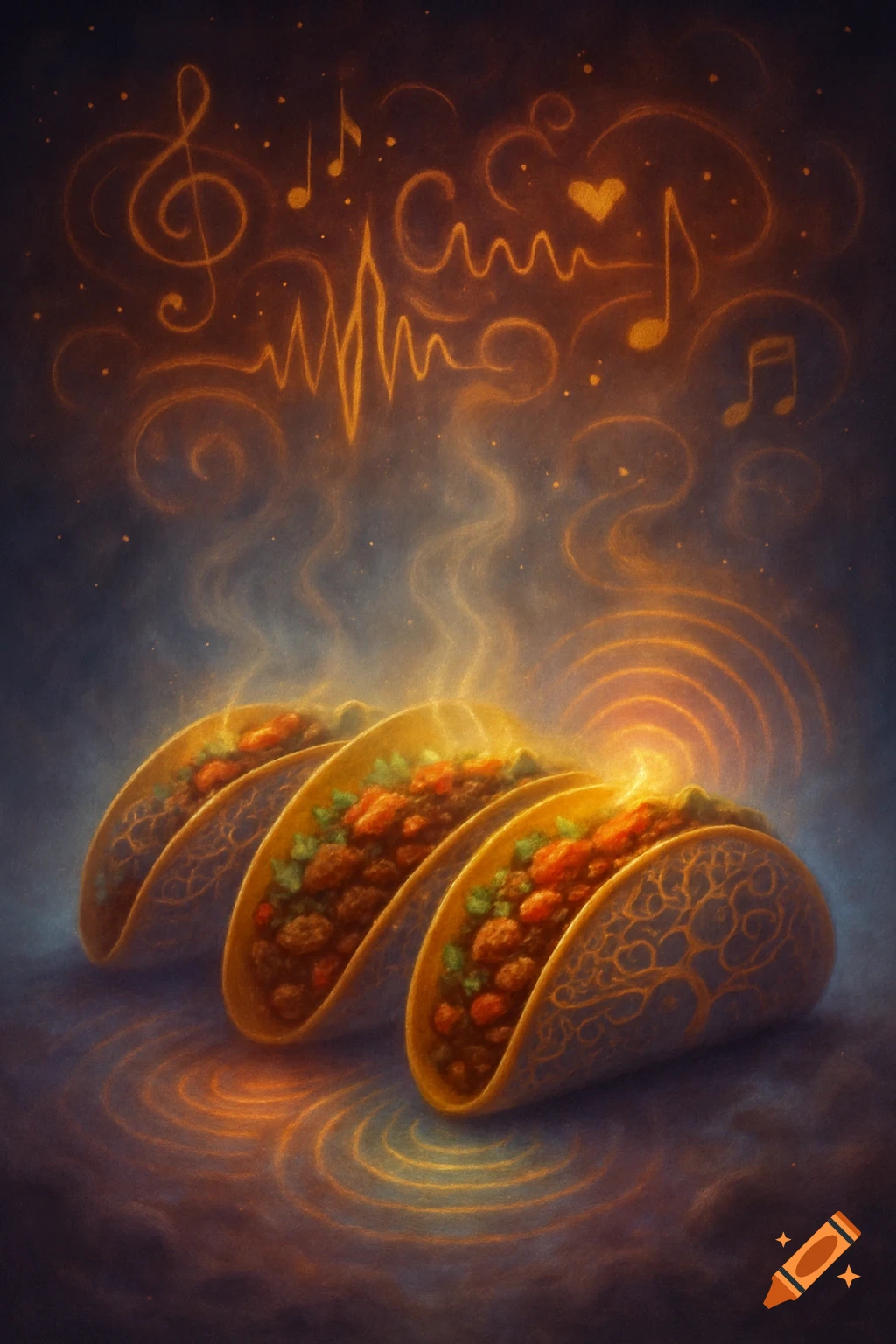 Three glowing tacos with steam, surrounded by golden musical notes and abstract sound waves on a dark, mystical background.