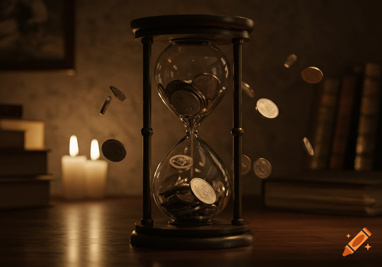 Photorealistic hourglass with Euro coins falling through, on a dark wooden desk with lit candles and books.