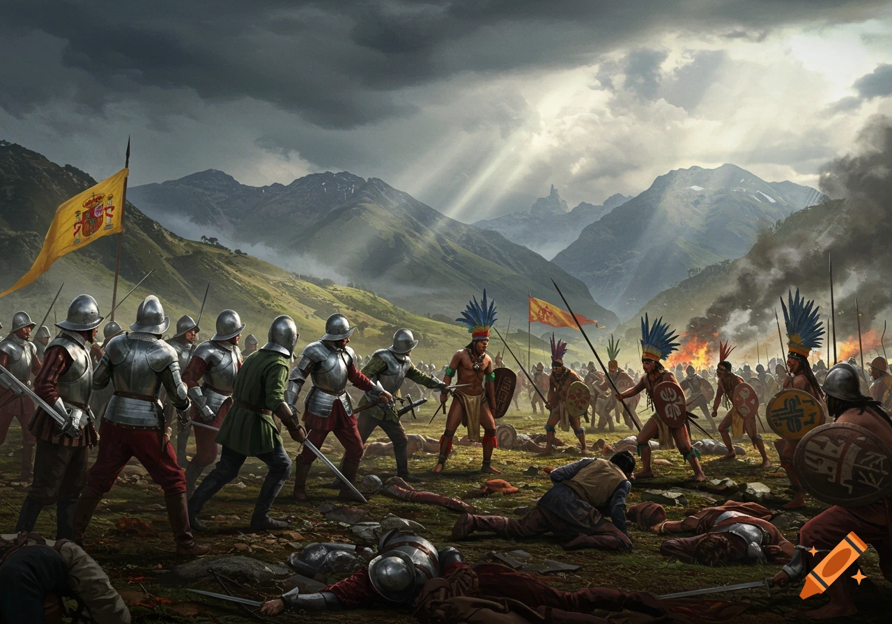 An epic historical battle scene with Spanish conquistadors fighting indigenous warriors in a mountainous landscape under a dramatic sky.