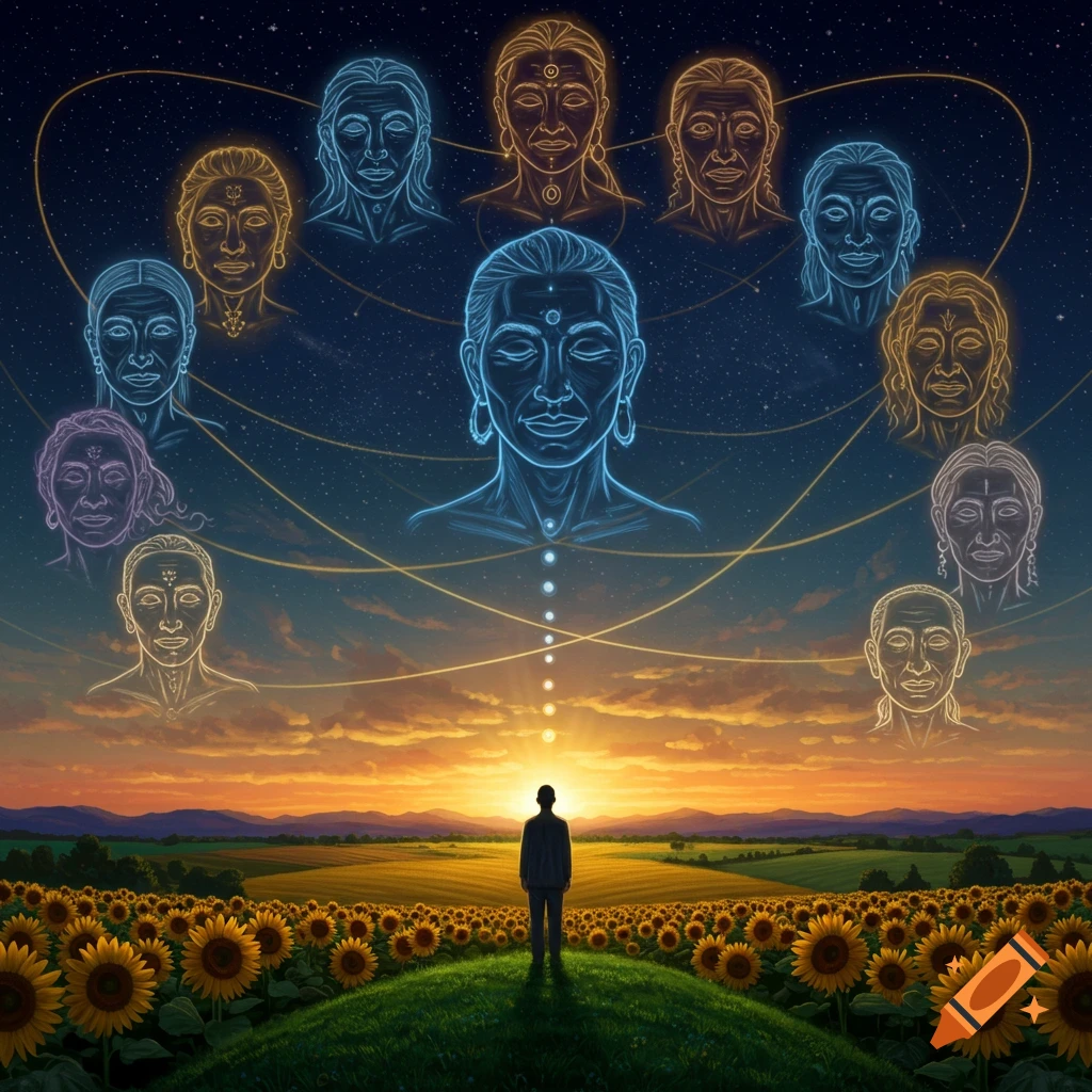 A person stands in a field of sunflowers at sunset, looking up at glowing ethereal faces connected by lines in a starry sky.