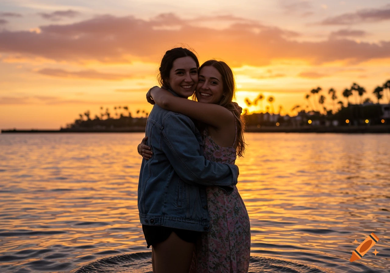 Two smiling women hugging in water against a vibrant sunset with a distant shoreline and palm trees.