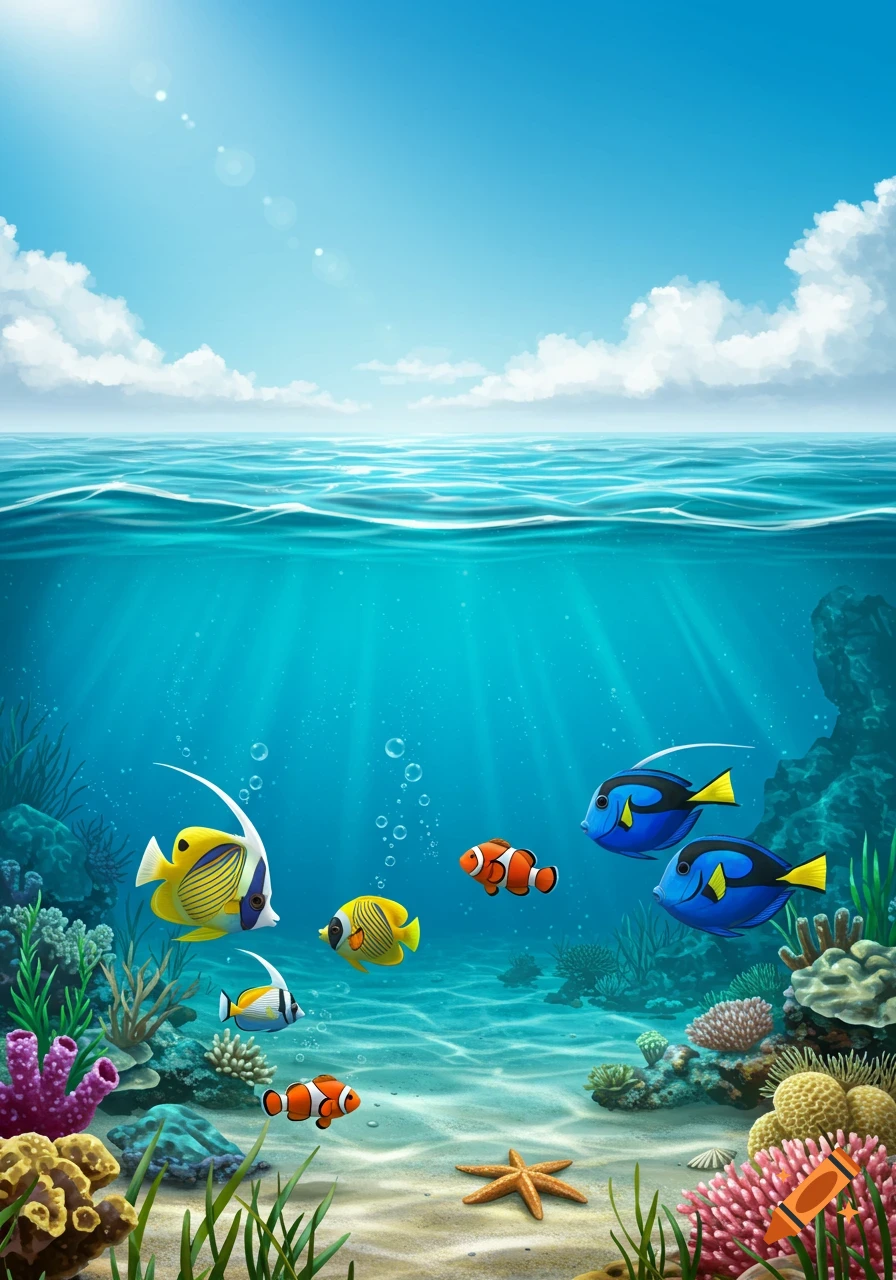Vibrant illustration of an underwater coral reef scene with colorful fish swimming and sun rays piercing the blue water.