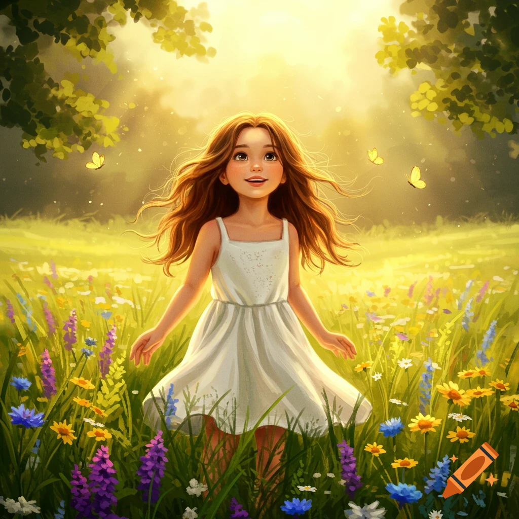 A joyful young girl with long brown hair in a white dress stands in a sunny, vibrant wildflower field with butterflies, in a digital painting style.