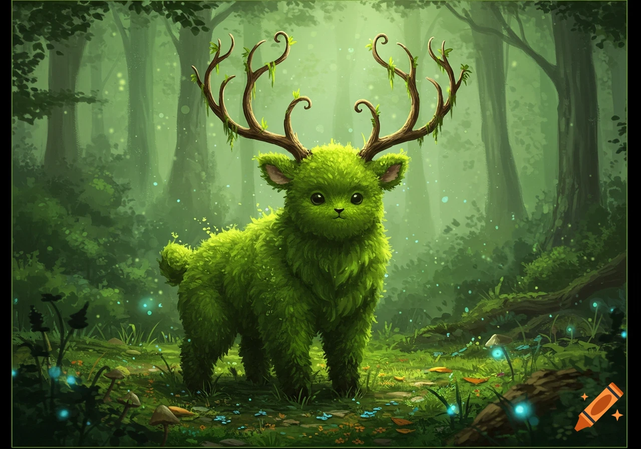 A fluffy, green, moss-covered creature with branched antlers stands in a whimsical, misty forest with glowing blue lights.