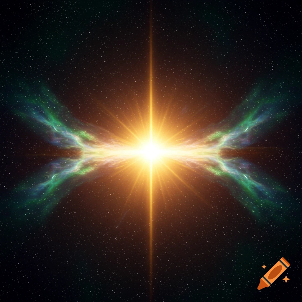 A bright golden star or cosmic explosion with green and blue nebulae against a dark, star-filled background.