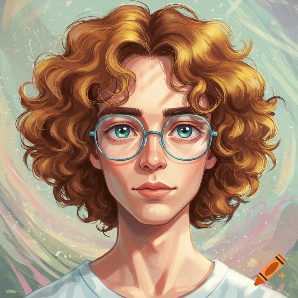 A stylized portrait of a person with curly blond hair, blue-green eyes, and blue glasses.