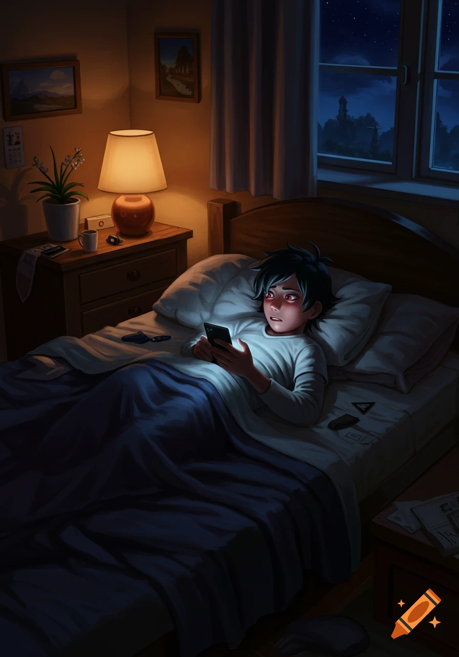 A young person with red eyes lies awake in bed at night, illuminated by their phone, in a dimly lit bedroom.