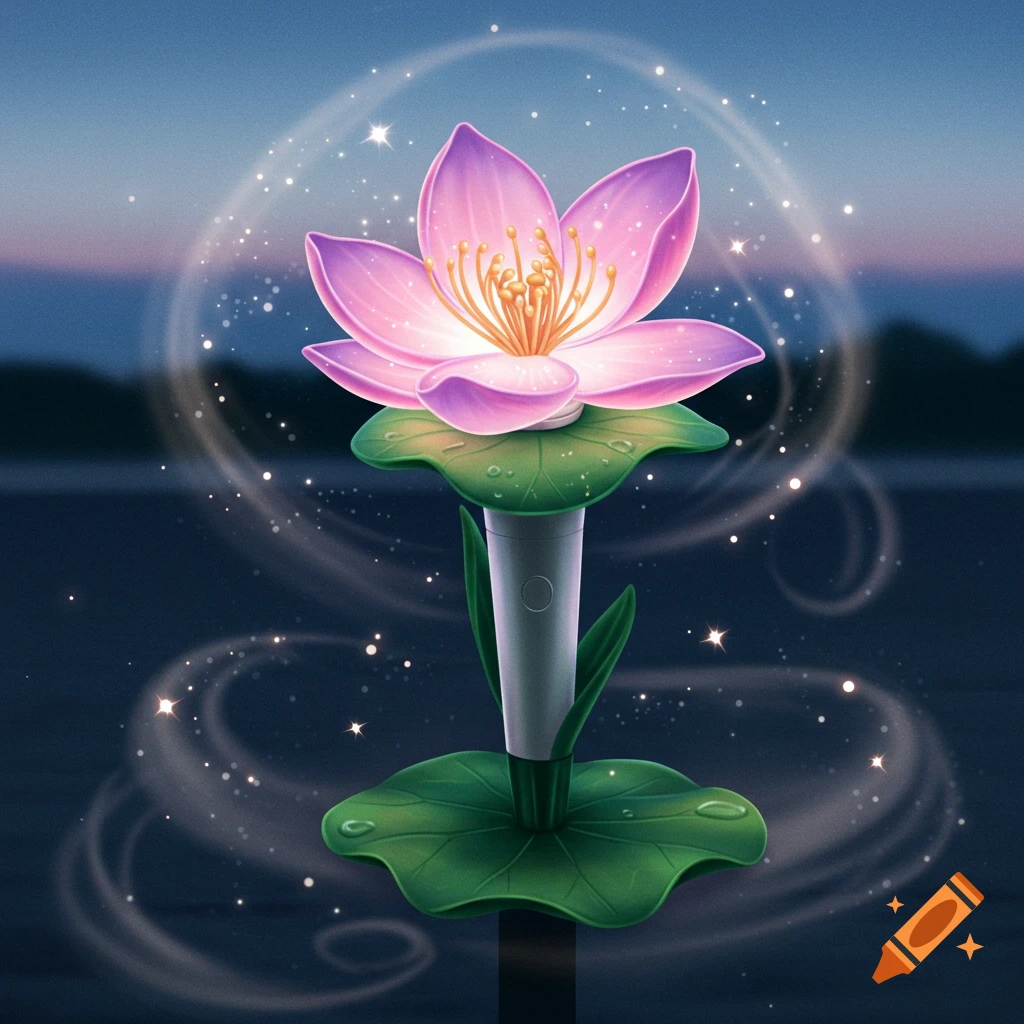 A stylized K-pop light stick shaped like a glowing pink lotus flower with a lily pad base, set against a dark, mystical background with sparkling effects.
