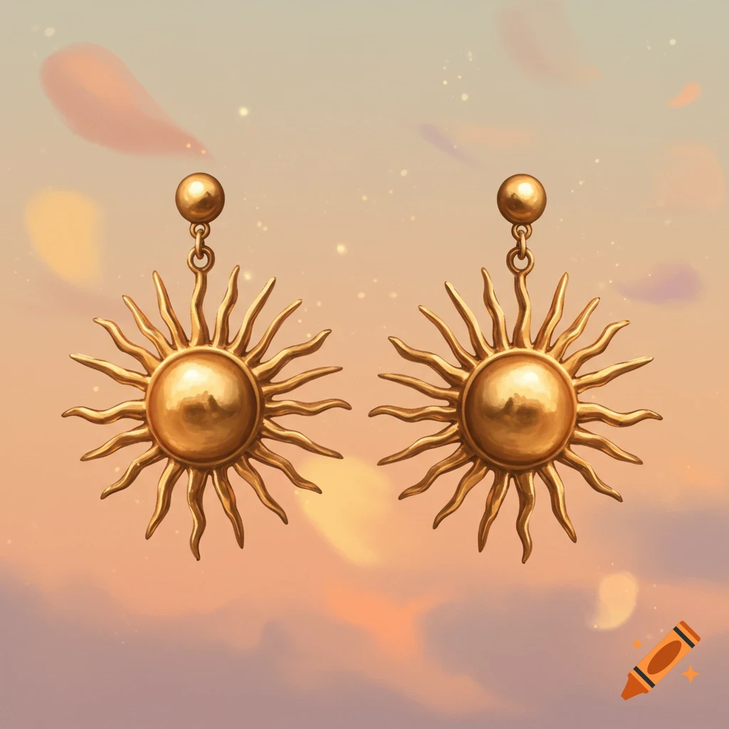 Two shiny golden sun-shaped earrings with radiating rays hang against a soft, ethereal orange and pink sky with faint sparkles.